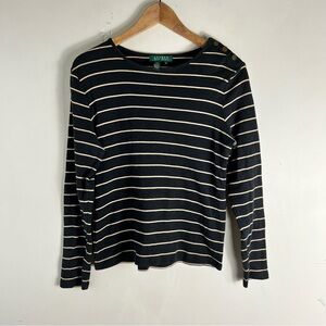 Lauren Ralph Lauren Black Tan Stripe Long Sleeve With Button Accent Top Size M